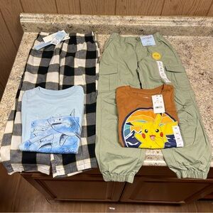 Boys Shark and Pikachu Graphic T-Shirts with Plaid and Cargo Pants Bundle XS NWT